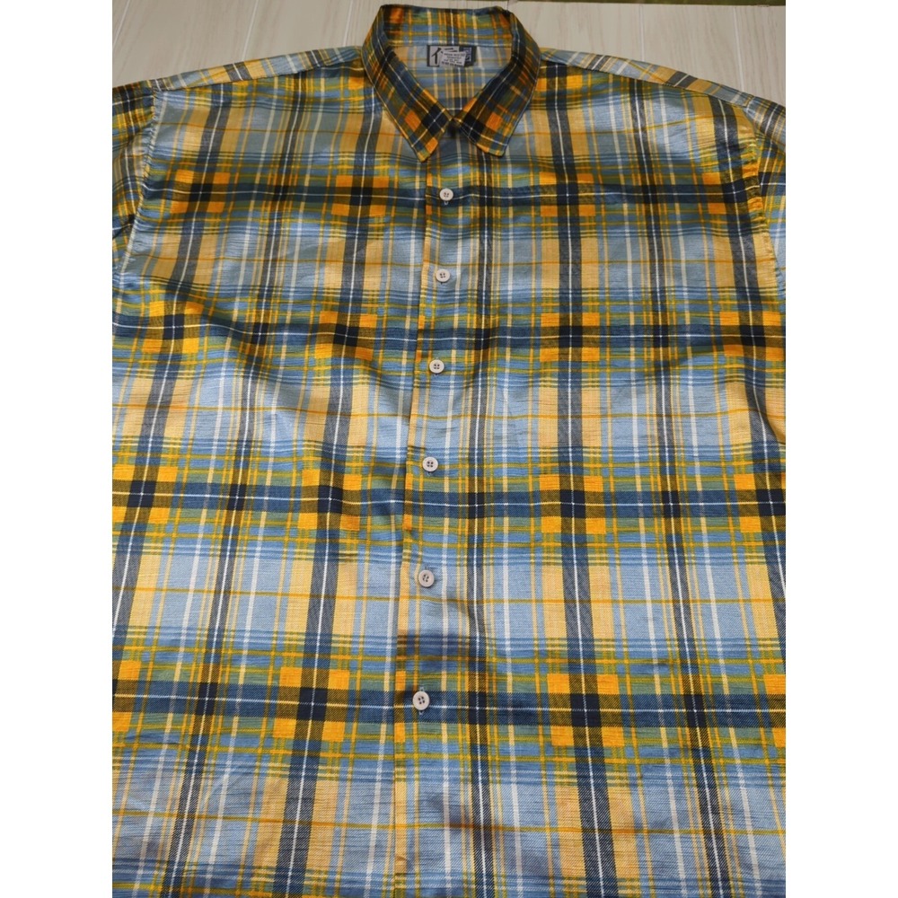 Trust Made Korea vintage men's XL blue yellow plaid Button front Shirt polyester - Picture 2 of 12